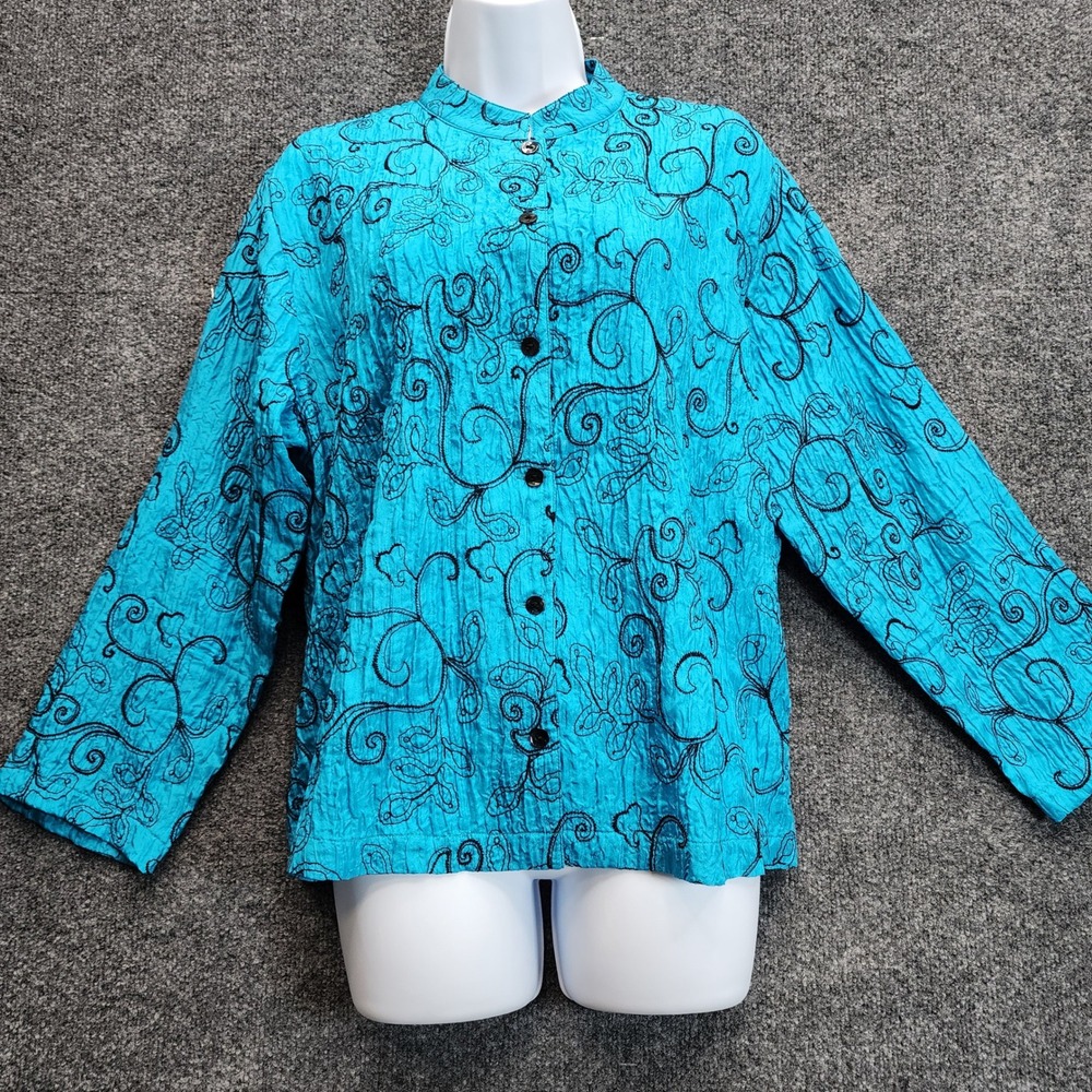 Chico's Women's Silk Embroidered Mandarin Collar Art To Wear Jacket Size 2‎